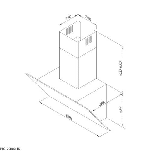 Kích thước máy hút khói khử mùi áp tường dạng nghiêng MALLOCA MC 7086HS