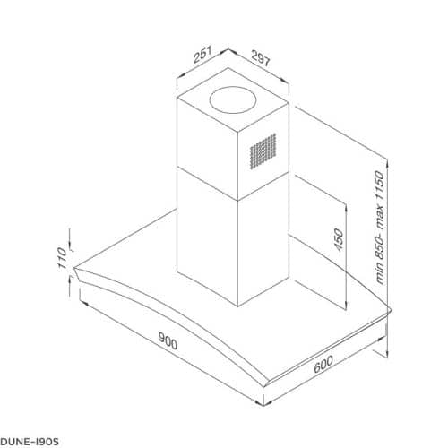 Kích thước máy hút khử mùi đảo MALLOCA DUNE-I90S