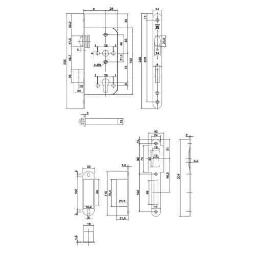 Kích thước của Thân khóa con lăn 55mm Hafele 911.24.068