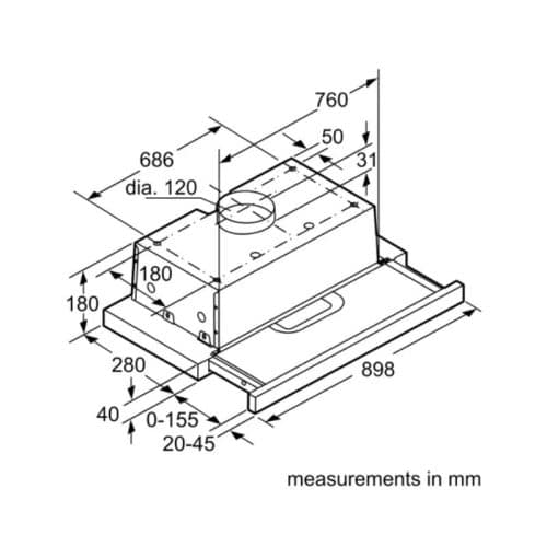 Kích thước máy hút mùi âm tủ Bosch DHI923GSG